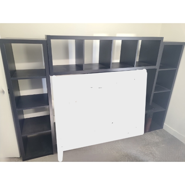 Three Black MDF Bookcases 16 W, 15 D, 57.5 T- Shown w/ One Sideways as Joiner Piece