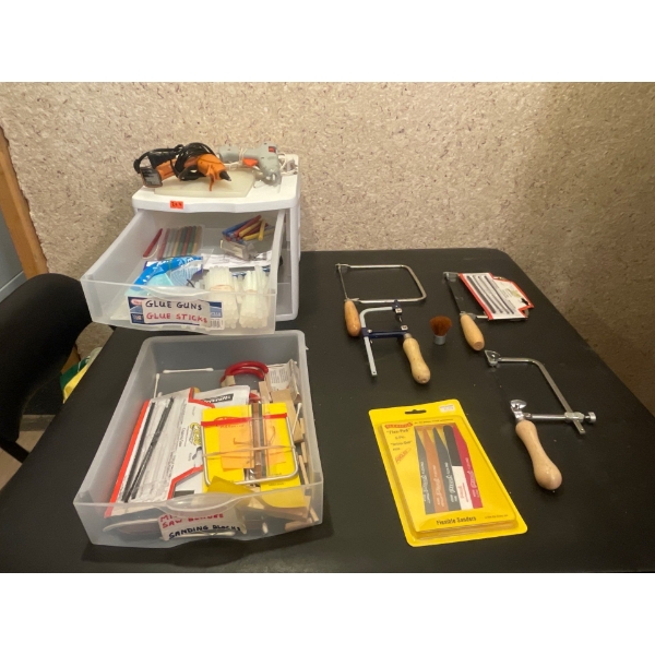 Coping Saws with multiple blades, Wooden Clamp set, Glue guns, Glue sticks, Sanding Strips and more.