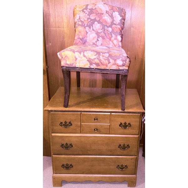 Floral Upholstered Chair and Solid Wood Chest of Drawers Set