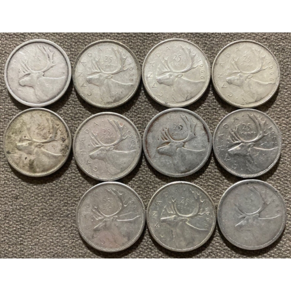 Canadian 25-cent Pieces 80% Silver 64.13 Grams