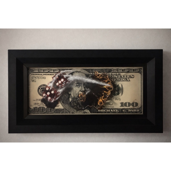 Michael Godard $100 Dollar Bill With Dice Framed Textured Print In Black Solid Frame 20" X 11" 