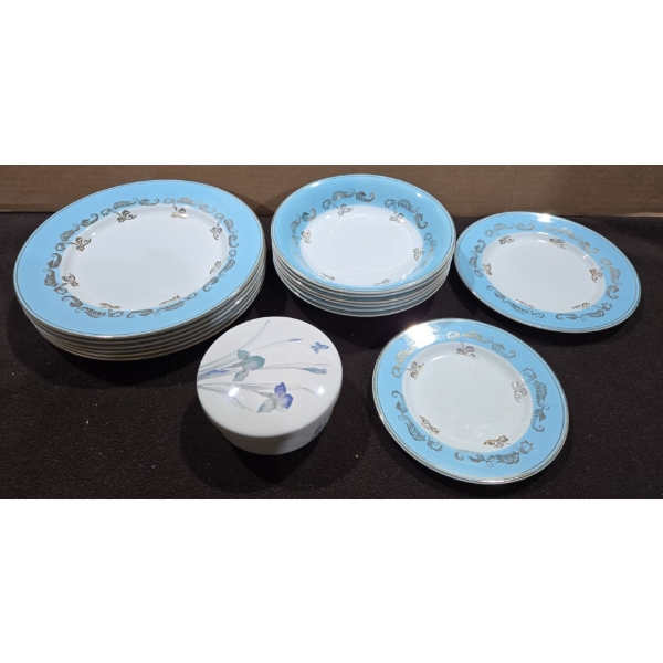 Blue Gold Trimmed Dishware Plates & Bowls + Floral Lidded Trinket Dish Made In Korea