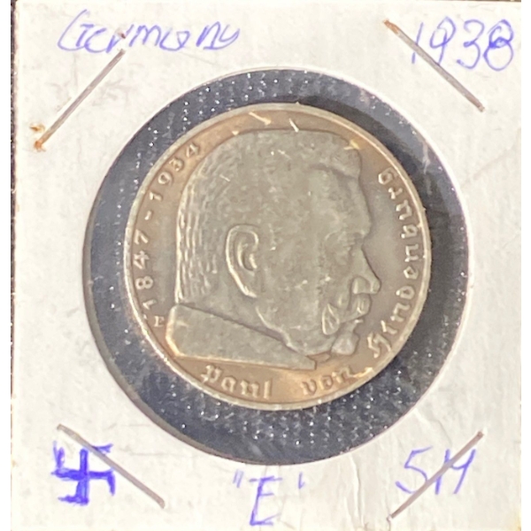 1938 German 5 Reichsmark Coin 90% Silver 13.88 Grams