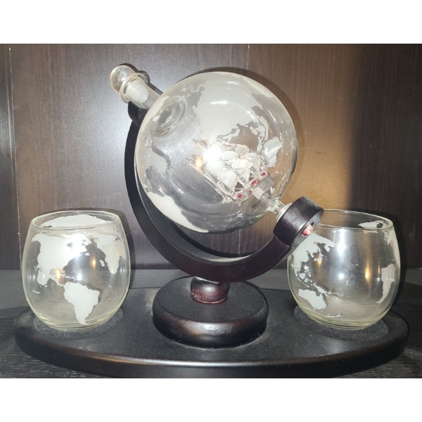 Glass Ship Inside Decanter w/ Two Glasses and Stand 12 X 9