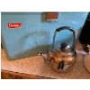 Image 2 : Vintage Coleman Cooler, bread box, tea kettle, enamel pot and canner