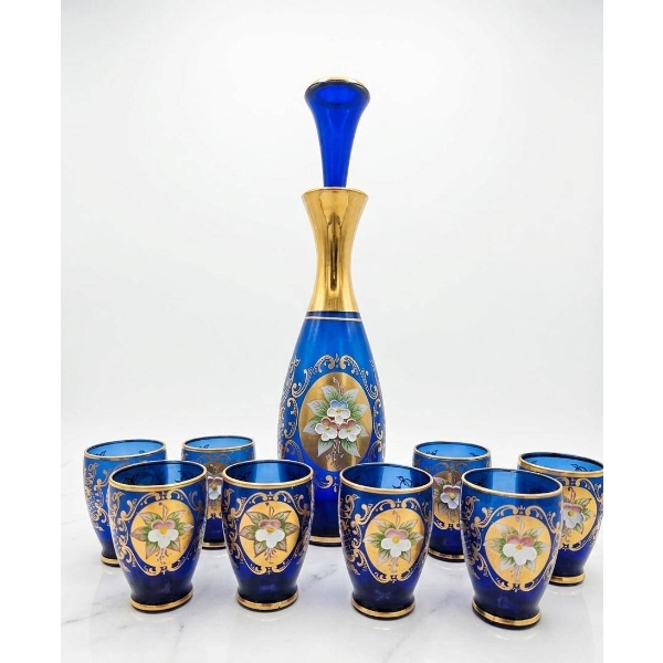 Blue and Gold Floral Enamelled Decanter Set with 8 Glasses