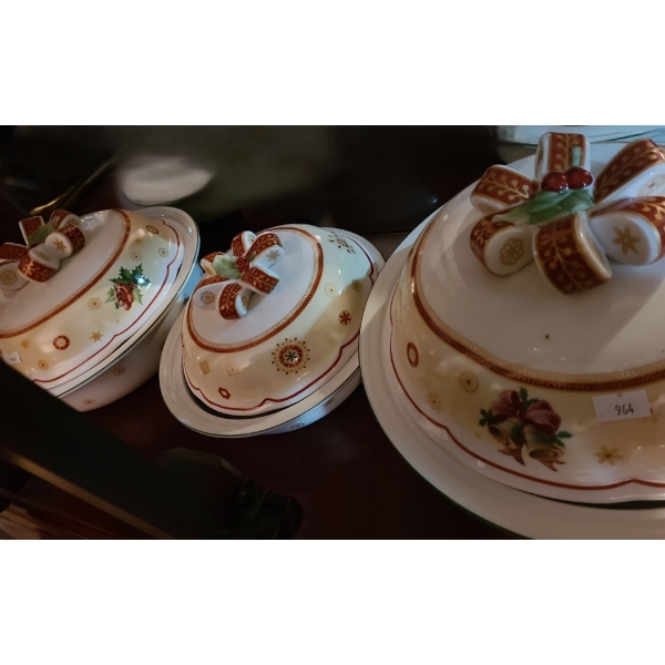Holiday Tableware Set of 3 Serving Dishes with Lids and Bow Top Design- Largest 12 Diameter, 6 T