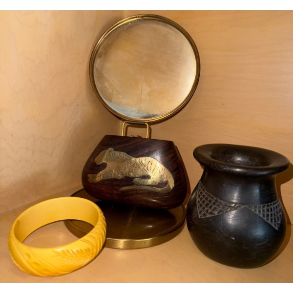 Stone Carved Vase 3T w/ Magnifying Device & Butterscotch Carved Bangle Bracelet