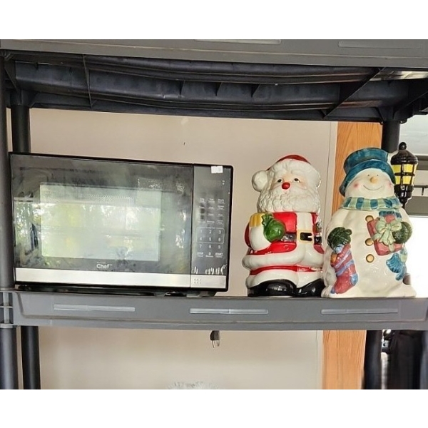 Resin 5 Shelf 35 W, 18 D, 74 T w/ Masterchef Microwave EM720CL7, Cookie Jars- Snowman 12 T and Santa