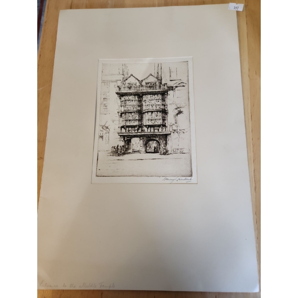 Etching "Entrance to the Middle Temple" by Henry Lambert 16 X 11W  Including Matting 