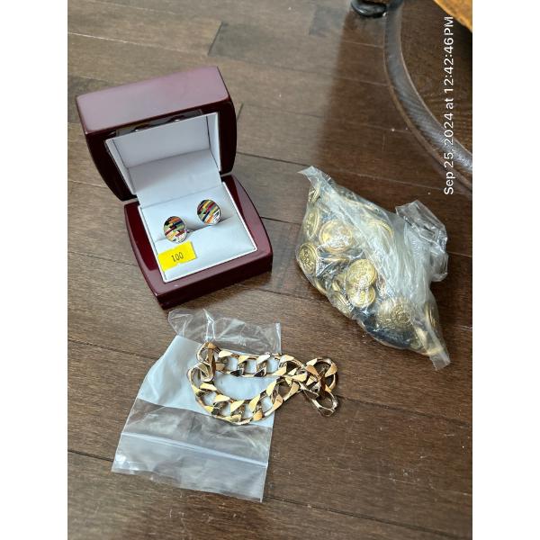 Designer Cuff Links, Gold Plated Bracelet & Canadian Navy Pins 