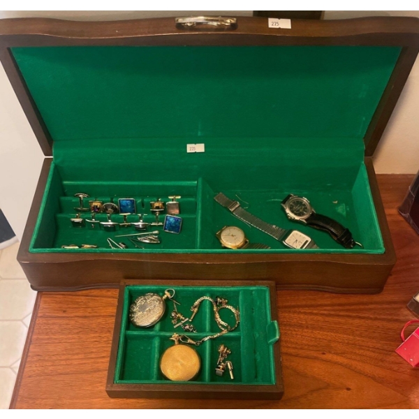 Mens Fashion Accessories w/ Velvet LIned Wood Jewlery Box Cuff Links Watches & More