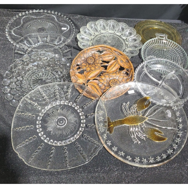 Assorted Decor and Serving Glassware- Egg Plate 11" Diameter, Wooden Plate 9" Diameter and More!