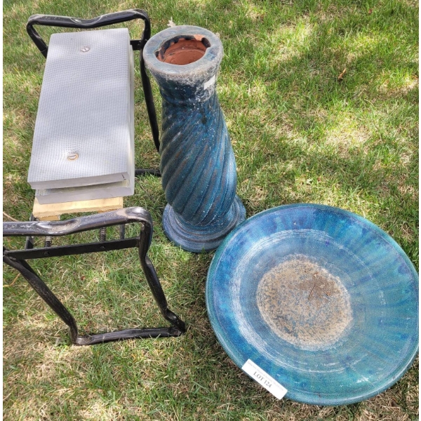 Blue Ceramic Bird Bath with Pedestal and Base, 20-Inch Bowl