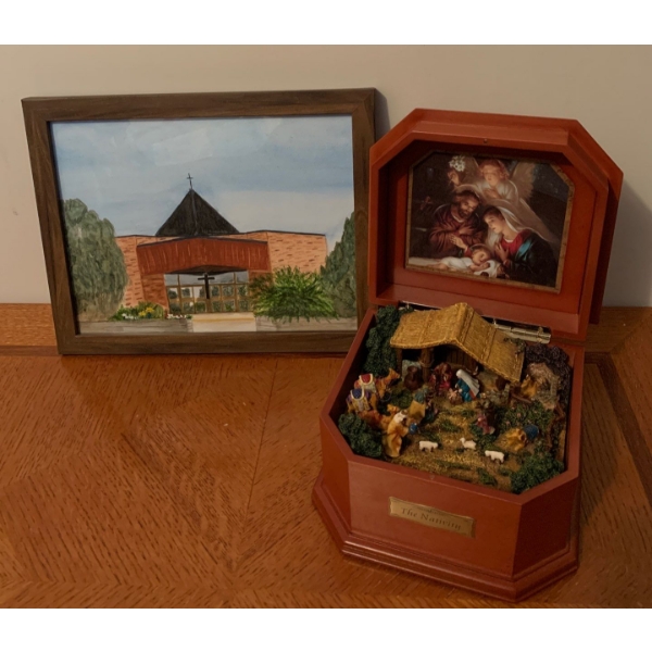 Nativity Music Box Adolpho Simeone "Silent Night B0718' w/ Watercolor Church Art 10x12 