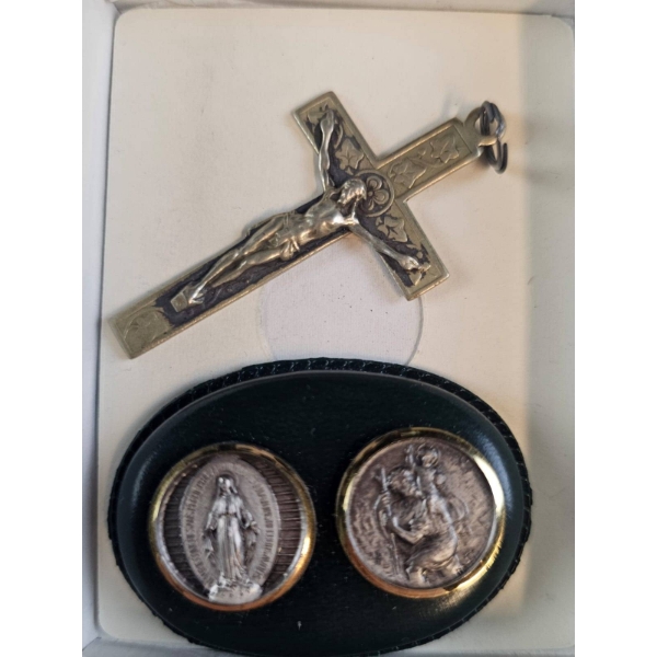 Religious Metal Crucifix and Two Saint Medallions with Case