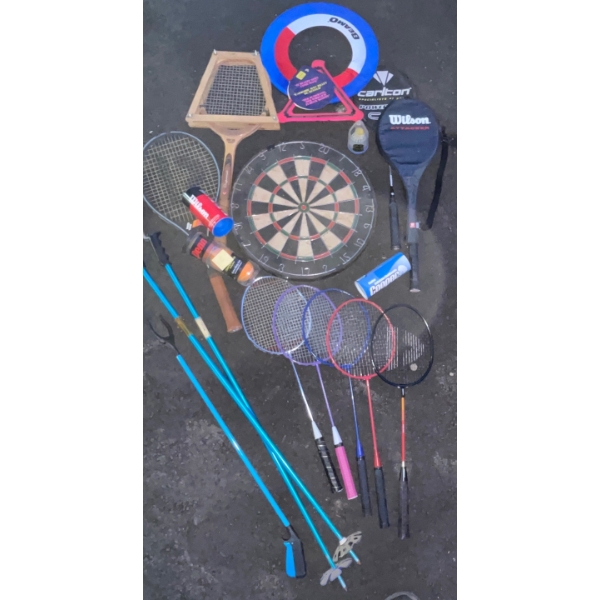 Assorted Sporting Goods  Dart Board, Tennis & Badminton Raquets, Balls Birdies, Frisbees, Ski Poles