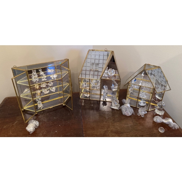 Brass & Glass Mini Houses w/ Vast Assortment of Small Crystal Animals (Not Marked) 