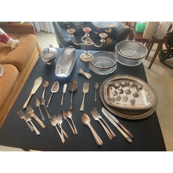 Large Collection of Steel and Silver Plate. Silver Serving Trays, and small Silver Cops, Candelabra,