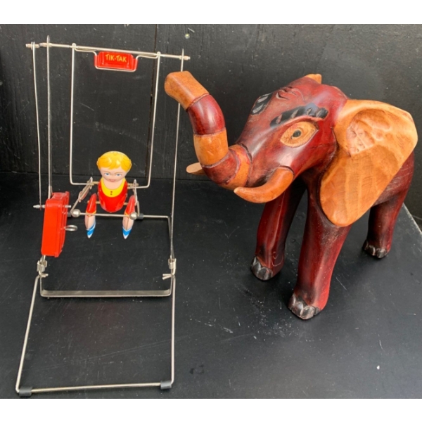  Vintage Tik-Tak Wind Up Acrobat Toy w/ Lovely Hand Painted Wooden Elephant (Slight Chipping, 16L)