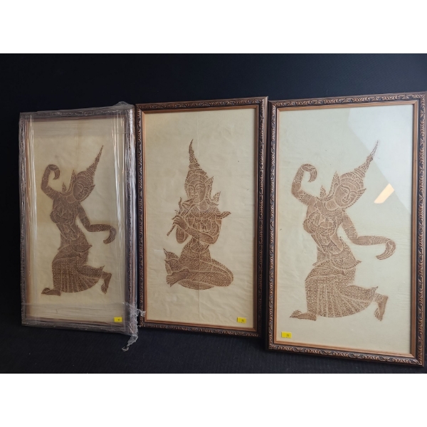 Three South Asian Rubbing, Unsigned, Framed Under Glass, 13.5 X 23.5