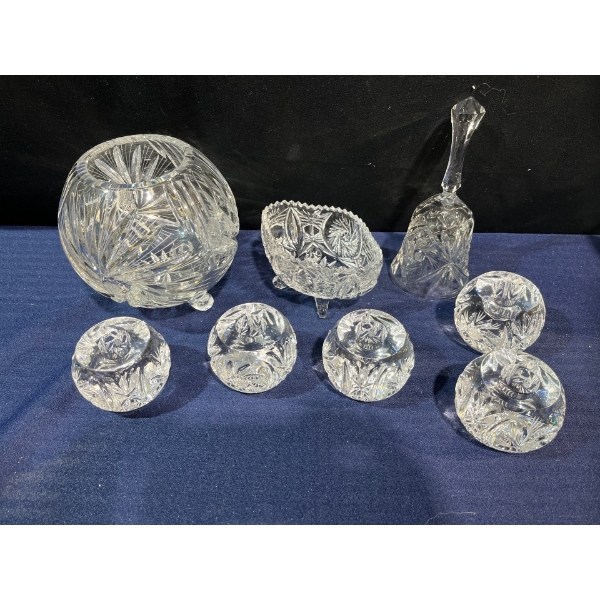 Collection of Crystal Candlestick Holders, Bell and Dishes