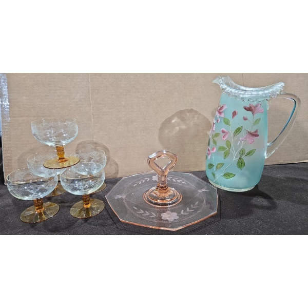 Pink Depression Glass Cupcake Holder, Amber Based Liquor Glasses + Handmade + Painted Pitcher/Jug