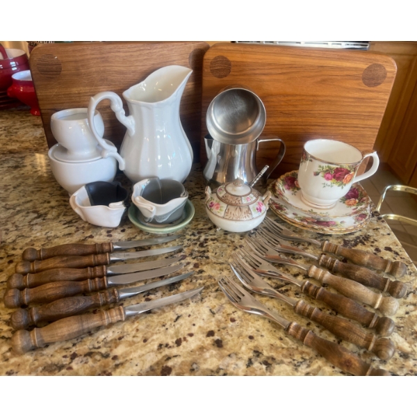 Tea Time Essentials - Tea Pot Old Country Roses Cedar Plank Cutting Board Dining Tools & More