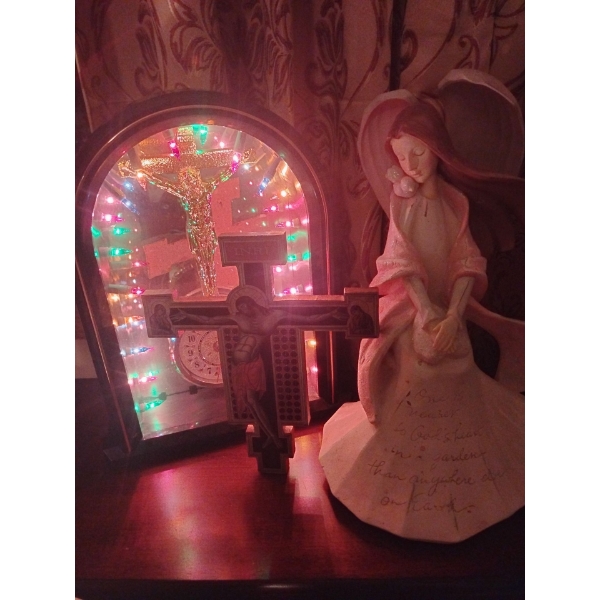 Religious Crusafix Desk Clock 17T w/ Ceramic Angel Idol & More