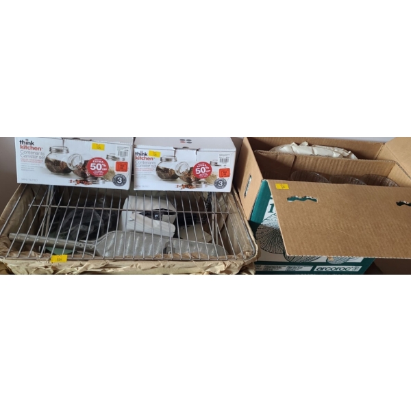 Two Boxed Canister Sets,  Masterchef Tabletop Propane Barbeque (New), Arcoroc Boxed 16 Piece Dishes