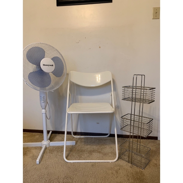 IKEA Floding  Chair, Honeywell Fan and Metal Storage Shelf