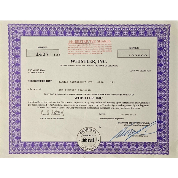 Vintage Stock Certificate (2002, Whistler Inc.) #2