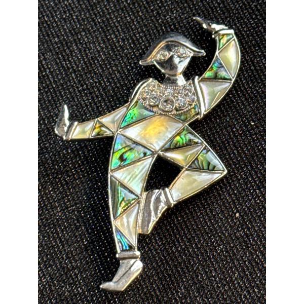 Signed Rhinestone & Abalone Harlequin Brooch