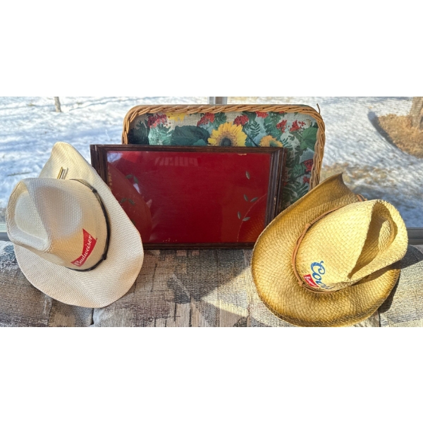 Two Vintage Beer Branded Cowboy Hats w/ Dinner Trays