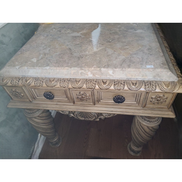 Wood and Marble Side Table 28 W, 28 D, 27 T
