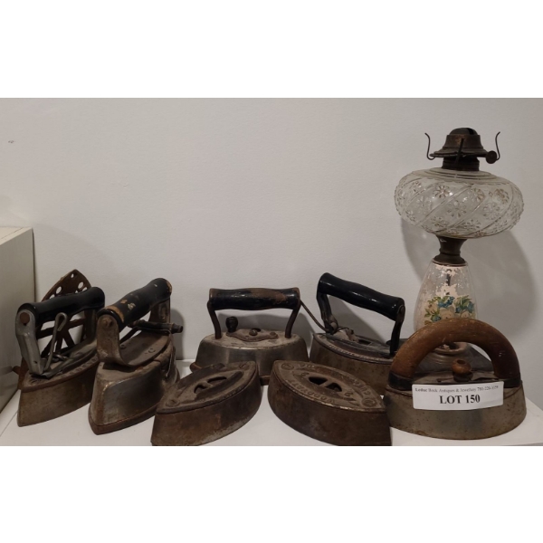 Antique Irons and Oil Lamp