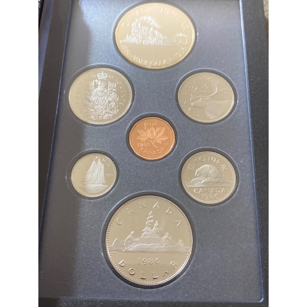 1986 Canadian Mint Proof Coin Set Featuring 7 Coins with Vancouver Commemorative Dollar