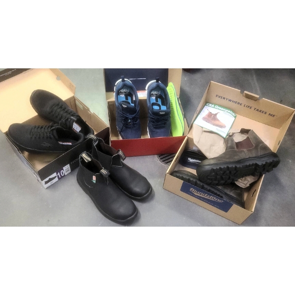 4 Pairs New Shoes: Skechers, Reebok, Blundstone Boots, CSA Greenpatch