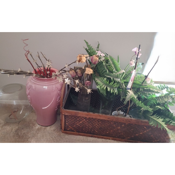 Display Basket 31 W, 11 D, 14 T, Pink Vase 19 T, Glass Bowls and Vases, Artificial Plants/ Flowers