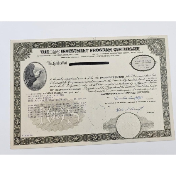 Vintage "THE IOS INVESTMENT PROGRAM CERTIFICATE" Issued In The 1960s By Investors Overseas Services,