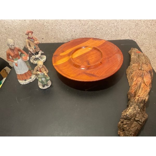 Wooden Serving Carousel, Figurines Made in Portugal, Wooden Carving of Old Mans face.