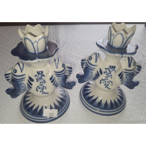 Blue and White Porcelain Candleholders 3.5" Diameter Base, 5.5 T
