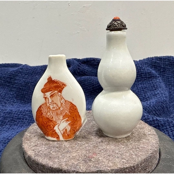 Porcelain Snuff Bottles (one with spoon, one missing lid) 2.25H & 3H