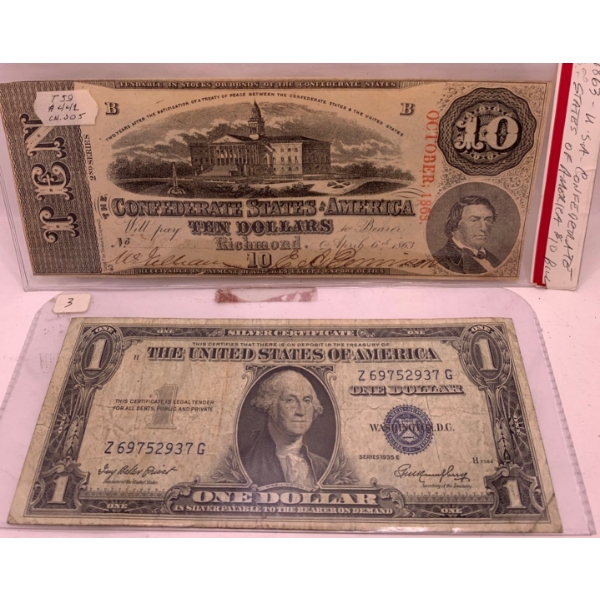 1863 US Confederate States of America 10 Dollar Note & 1935 United States of America 1 Dollar Note 