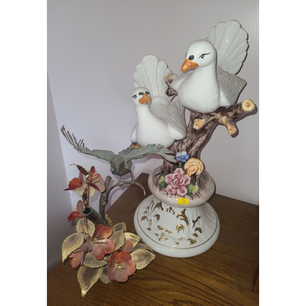 Capodimonte Ceramic Birds on Branch w/ Flowers 8.5 W, 17.5 T and Metal Bird w/ Flowers 11 T 