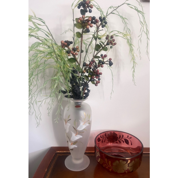 Murano Vase & Cranberry Glass Bowl w/ Gold Accent  13" tall  Made In Italy