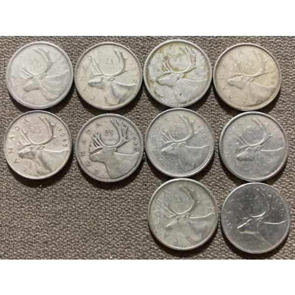 Canadian 25-cent Pieces 80% Silver 64.13 Grams