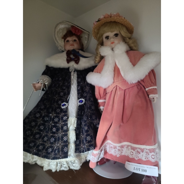 Porcelain Doll w Rose Dress on Stand & Porcelain Doll w Navy and Silver Coat