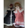 Image 1 : Porcelain Doll w Rose Dress on Stand & Porcelain Doll w Navy and Silver Coat