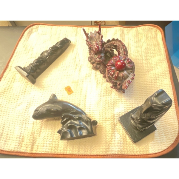 Collection of Resin Statues Red Dragon 5"H x 6"L, Orca 4"H, Totem Poles 5.5"H(2)